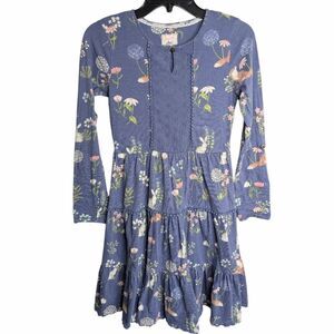 Mantaray Forest Animal Woodland Floral Blue Cotton Long Sleeve Dress 12 Girls